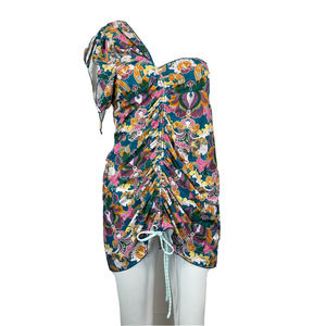 NWT VDM x Cindy Prado Swim Dress Women Sz L Blue Floral One Shoulder Ruched Tie